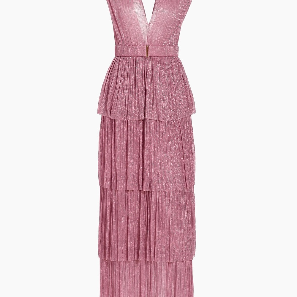 Sabina Musayev Skylar Tiered Belted Metallic Gown Dusty Rose LIKE NEW